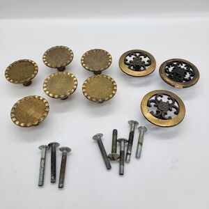 Vintage Lot of 9 Mixed Knobs Gold Tone Round Screws Allison Drawers Metal Round